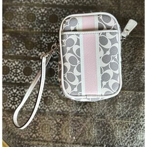 COACH Grey White Pink Signature Zipper Top Wristlet